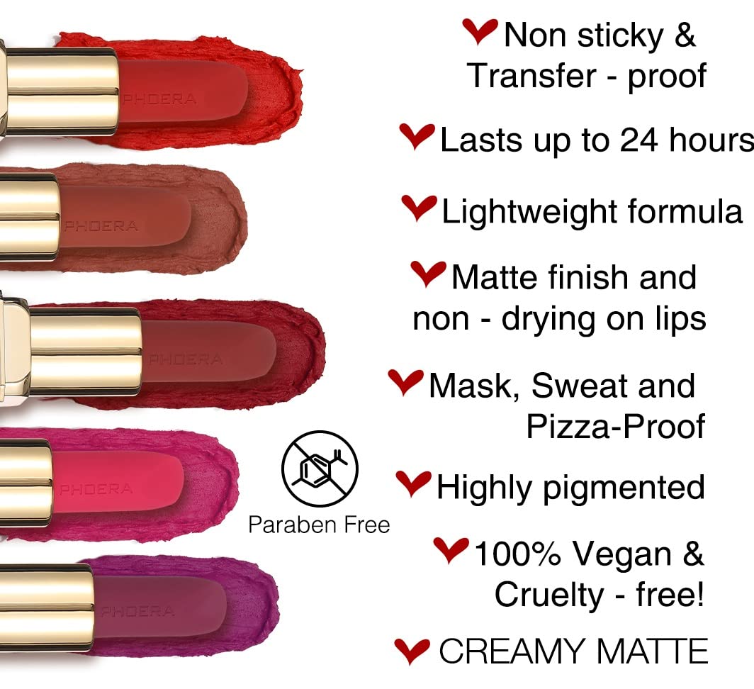 Phoera Lápiz labial no transferible, impermeable, a prueba de manchas y a prueba de máscara, fórmula pigmentada sin peso, lápiz labial de larga