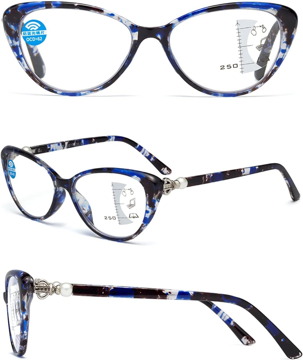 YIJIA-YOUNG Gafas de lectura multifocales progresivas ojo de gato para mujer con bloqueo de luz azul lectores con bisagra de perla 3251002