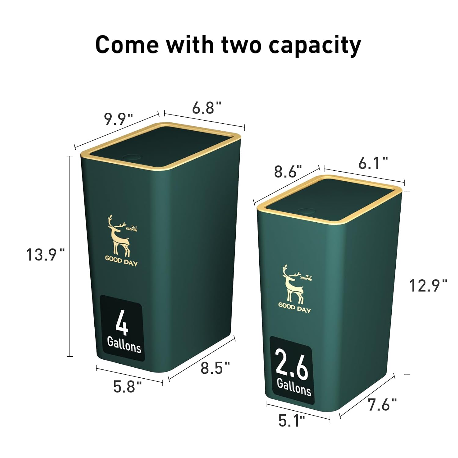 Bathroom Trash Can with Lid(4 Gallon+2.6 Gallon), Small Kitchen Garbage Can with Press Top, Modern Office Waste Basket Dog Proof, Plastic Slim