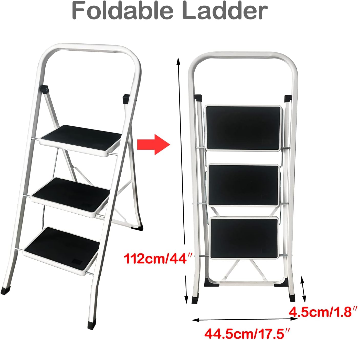 Escalera de acero de 3 escalones con mango plegable con pedal antideslizante ancho de 330 libras, taburete resistente para adultos, multiusos para