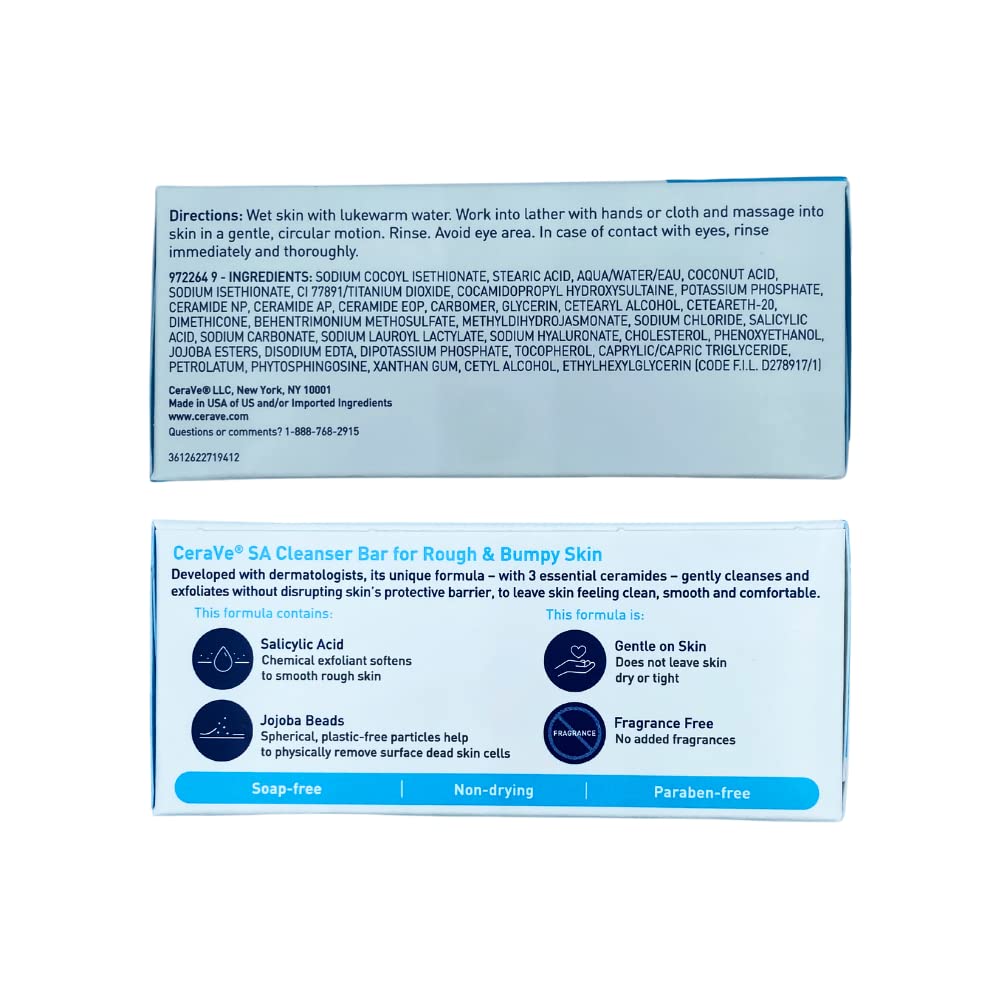 CeraVe SA – Barra limpiadora y barra limpiadora hidratante con jabón desechable florecible con 3 ceramidas esenciales, cuentas de jojoba y ácido