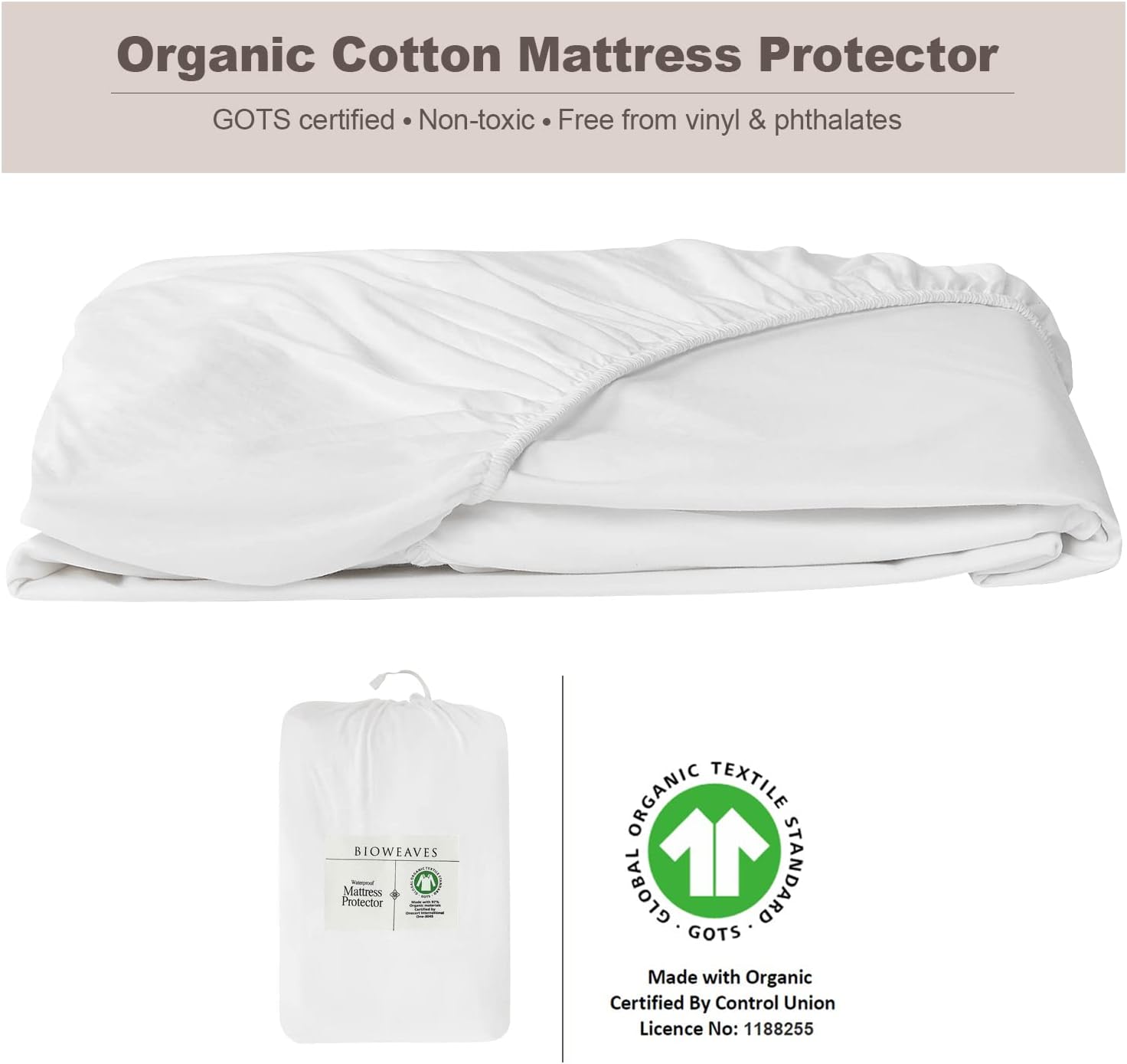 Bioweaves Protector de colchón orgánico impermeable  Funda de colchón de algodón orgánico certificado GOTS Cal King con capa superior de tejido de