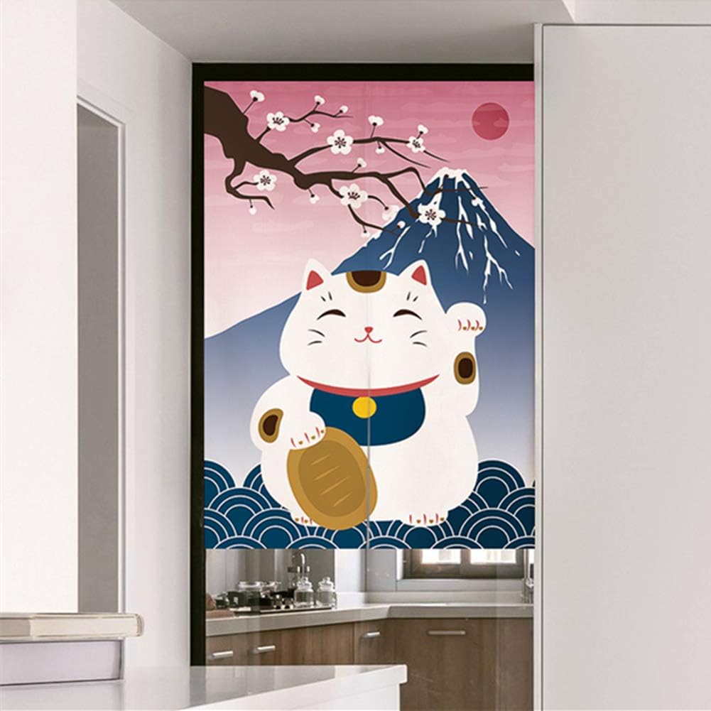 Cortina japonesa Noren para puerta, tapiz Maneki Neko Lucky Cat y Mount Fuji, cortina de puerta impresa Ukiyoe Cherry Blossom Divisor de habitación,