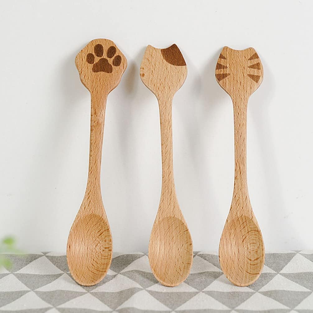 Cucharas de cocina de bambú para gatos, 2 cucharas de café de madera, lindas cucharas de sopa, cucharadita de madera para café, té, mermelada,
