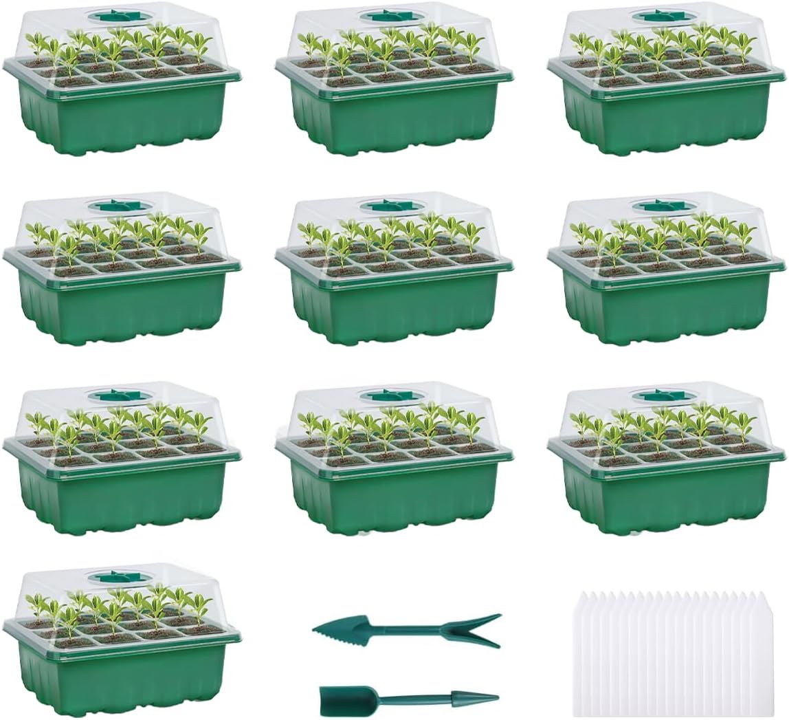 Bandejas iniciales de semillas, 12 celdas x 10 paquetes de humedad ajustable para plantas con cúpula y base para invernadero y jardines (bandeja de