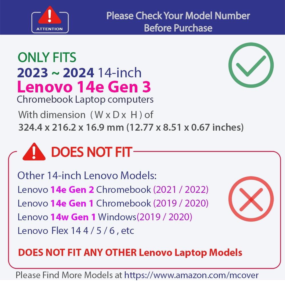 mCover Funda compatible solo para computadoras portátiles tradicionales Lenovo 14e Chromebook Gen 3 2023-2024 de 14 pulgadas (no compatible con