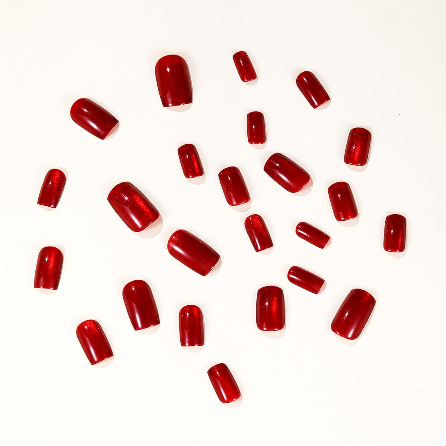 Uñas postizas a presión de ojo de gato, color rojo vino, uñas postizas cuadradas medianas con diseño degradado, uñas acrílicas brillantes de