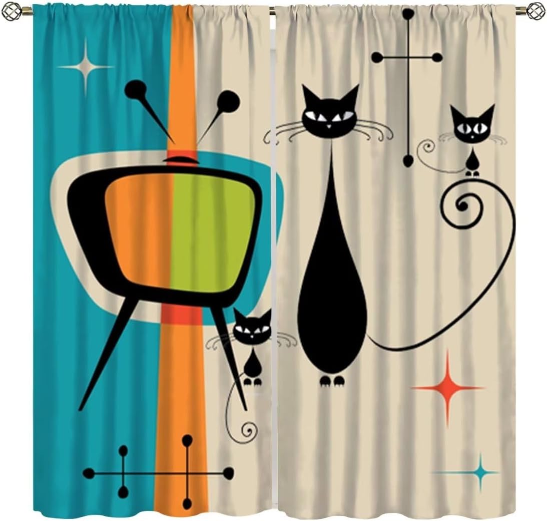 Cortinas de gato de mediados de siglo, diseño geométrico abstracto retro con estrellas atómicas y estrellas atómicas para dormitorio, sala de estar,