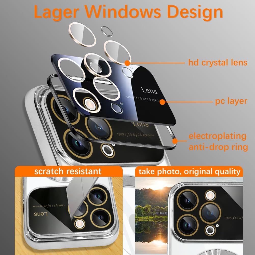 KANGHAR Funda magnética transparente para iPhone 14 Pro Max para mujeres y hombres con protector de lente, antiarañazos, chapado de lujo, compatible