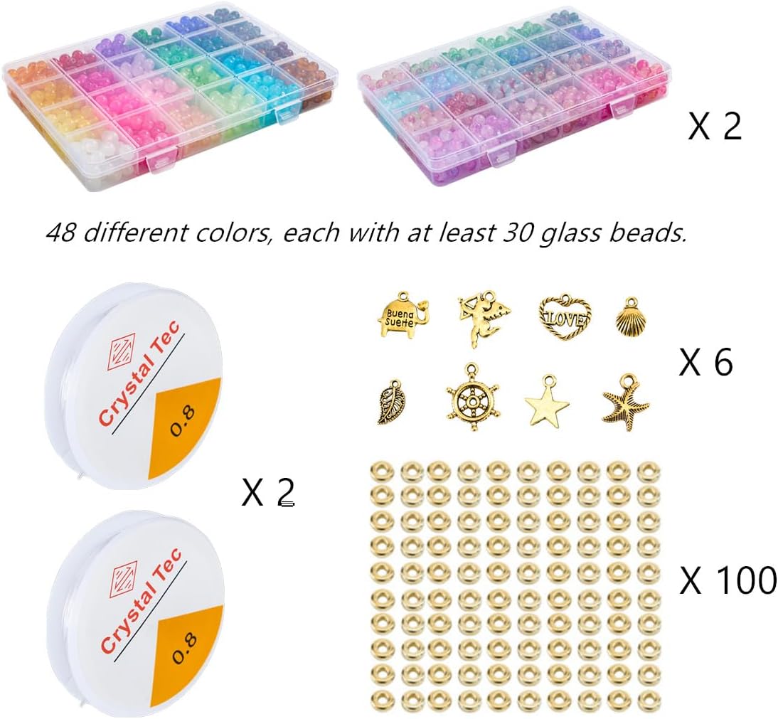 2 Pack More Than 1300PCS Round Glass Beads for Jewelry Making,48 Colors 8mm Crystal Beads for Bracelets Jewelry Making and DIY Crafts, 2 Box Round