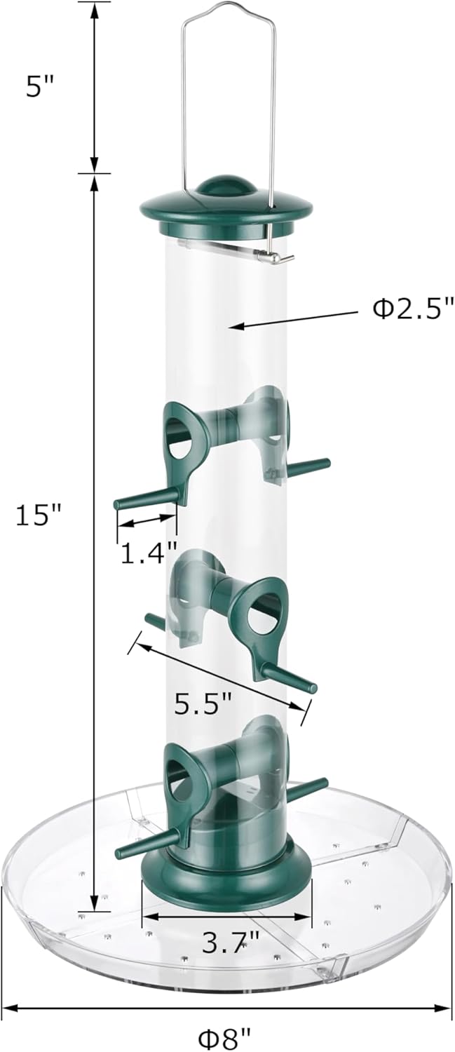 iBorn Comedero para pájaros con 6 puertos para colgar en el exterior, alimentador de pájaros cardenales de metal de aluminio, acabado verde, 14