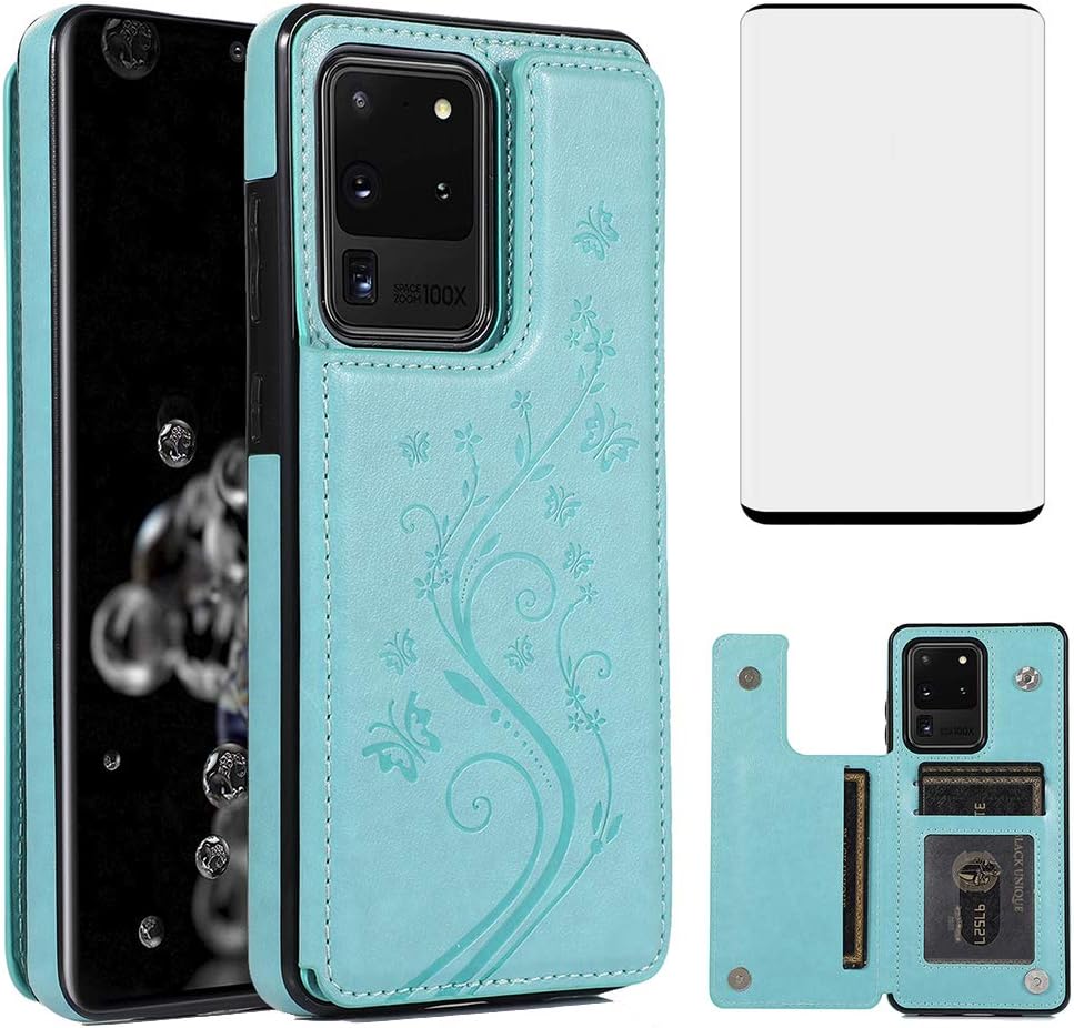 Funda de teléfono para Samsung Galaxy S20 Plus Glaxay S20+ 5G con protector de pantalla de vidrio templado y tarjetero tipo cartera, funda de piel