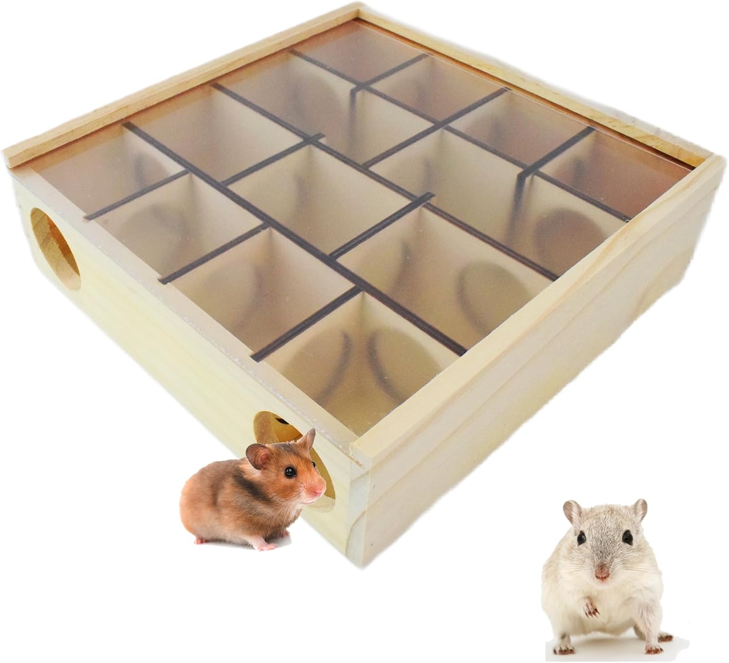 Laberinto de madera para hámster con cubierta acrílica transparente, multicámara, escondite de hámster, juguetes de hámster, laberinto de jerbos