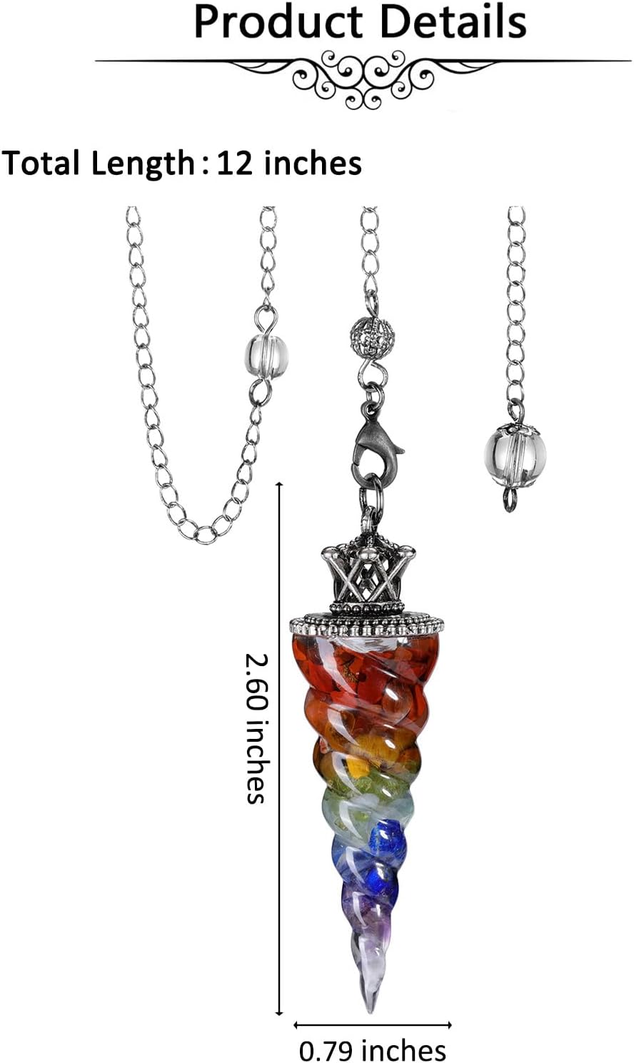 Jovivi Péndulos naturales de cristal de 7 chakras para radiestesia de adivinación, corona de cono de espiral, péndulo puntiagudo con cadena, piedras