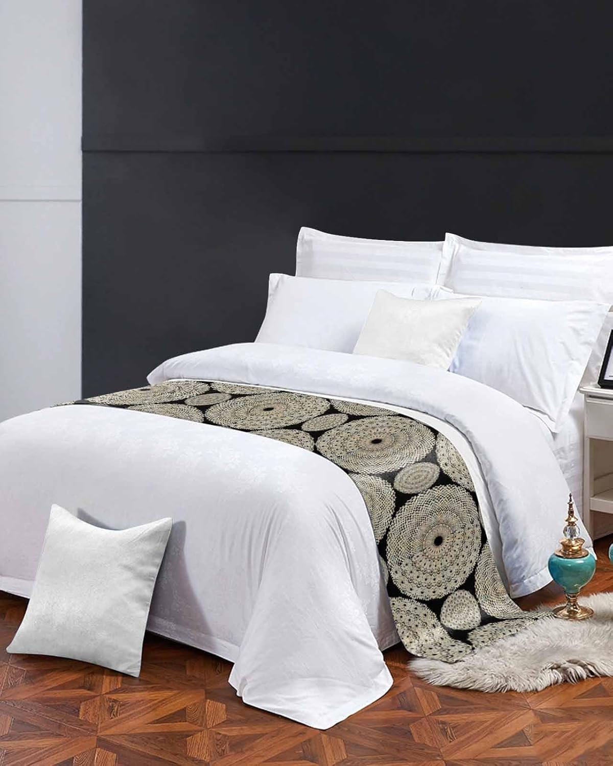 Caminos de cama geométricos bohemios para cama de tamaño Queen, mantas decorativas para pie de cama, color negro clásico moderno arte abstracto,