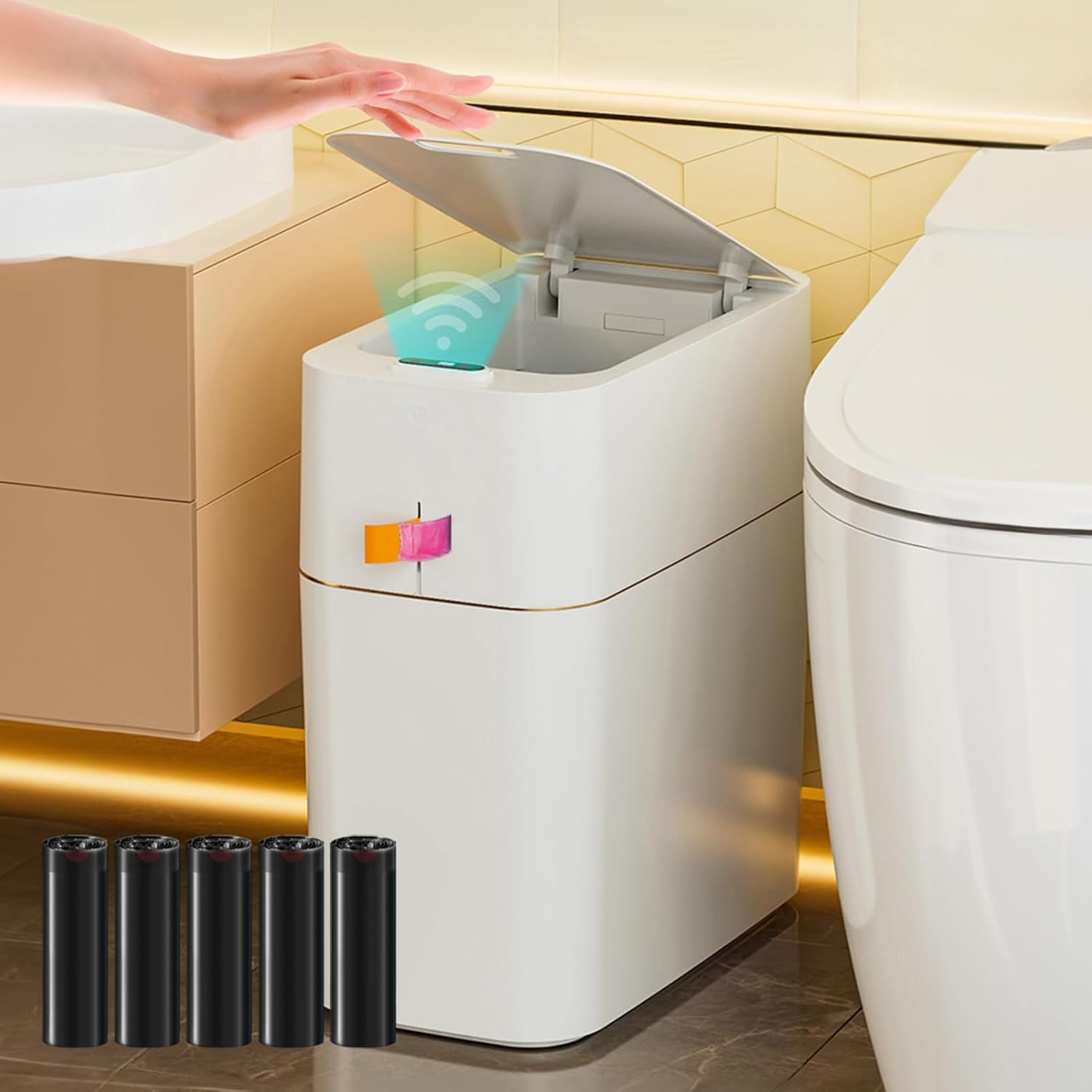 Basurero de baño de 4 galones, impermeable, inteligente, con sensor de movimiento automático, con tapa, sensor de movimiento delgado, de plástico,