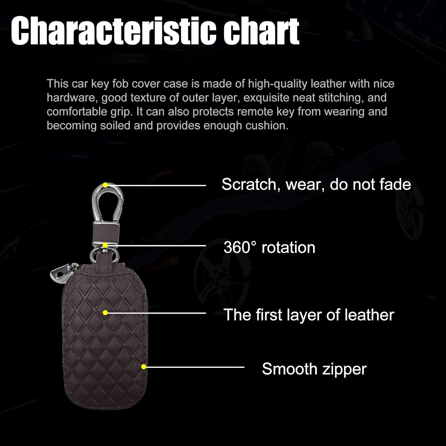 Funda universal para llave de automóvil, funda de cuero para llavero inteligente, protector antiarañazos con cremallera y gancho de metal (cuadros