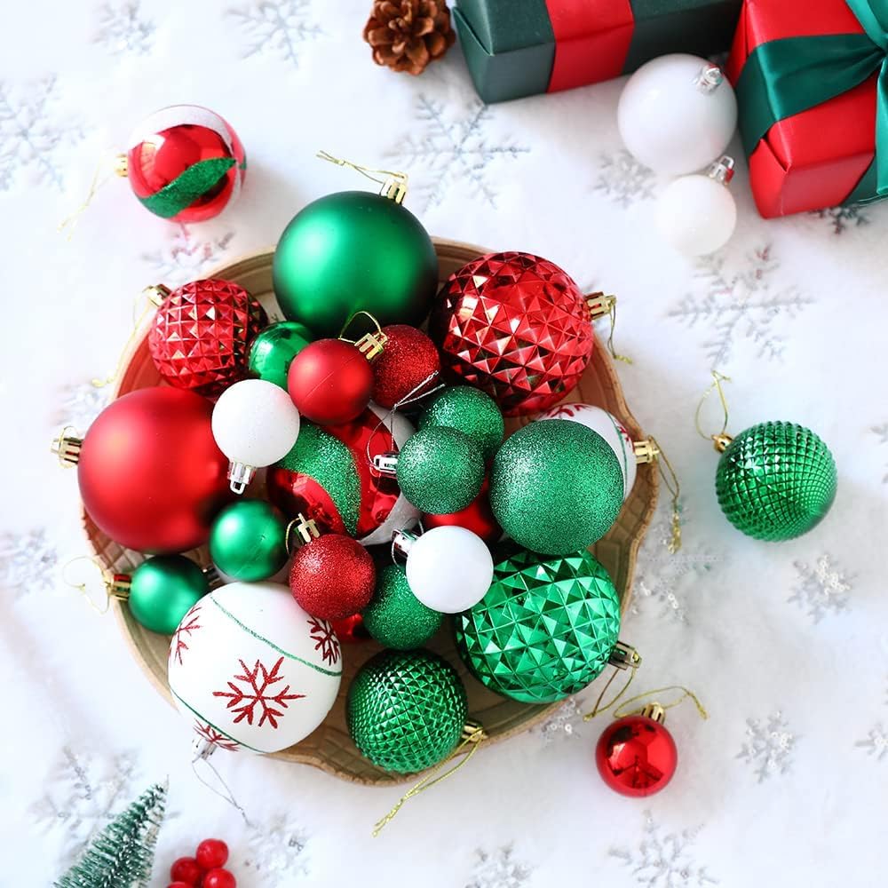 Adornos de bola para árbol de Navidad, paquete de 45 decoraciones para el árbol de Navidad de 3.15 pulgadas, color rojo, verde y blanco, adornos