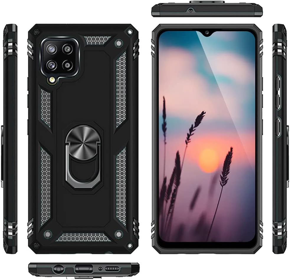 TJS Funda compatible con Samsung Galaxy A12, con protector de pantalla de vidrio templado, anillo de metal Defender con soporte magnético para