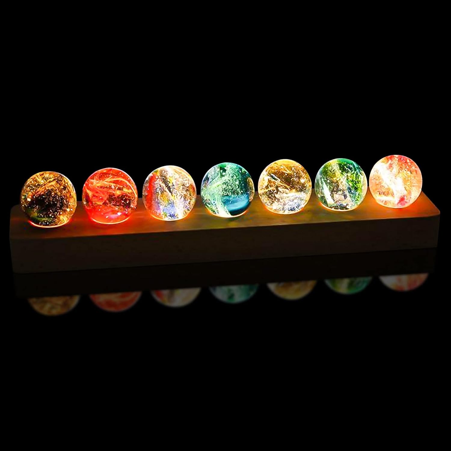 Bola de cristal con base de luces LED de madera, luz nocturna de cristal colorida, 7 bolas de cristal, luces USB decorativas, mesa USB, lámpara de