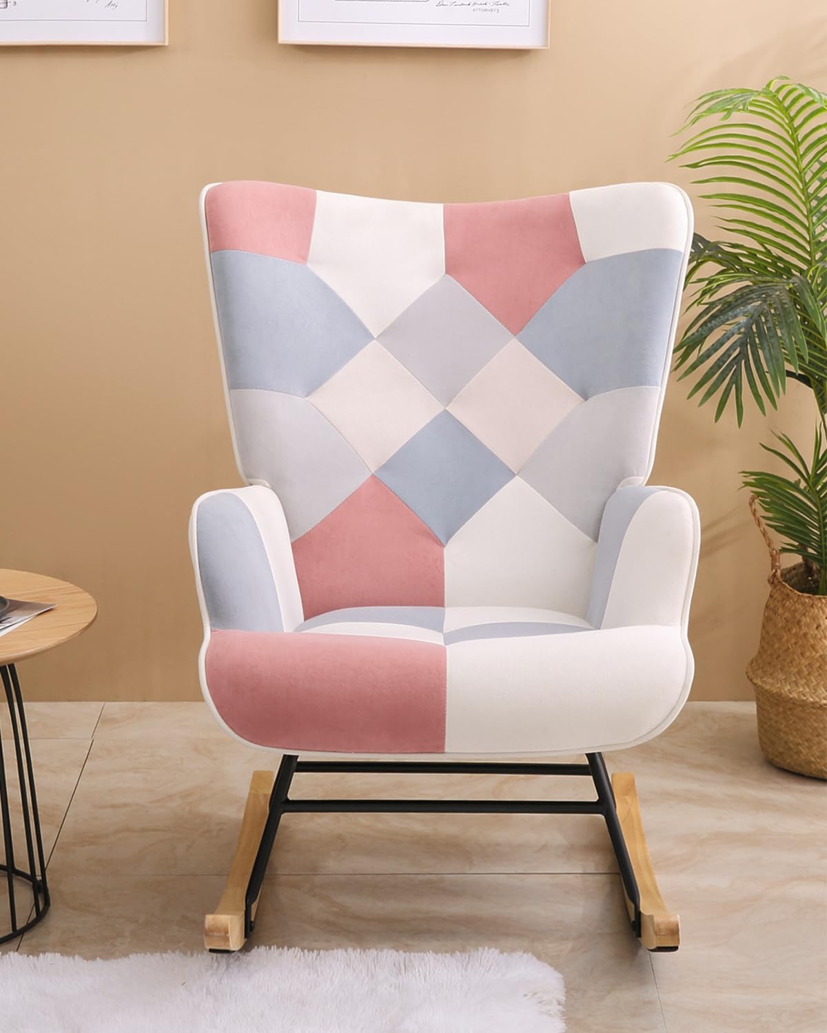 LifeSky – Silla mecedora cómoda y moderna, sillas deslizantes de tela de lino con retazos, silla mecedora para dormitorio, sala de estar, color rosa