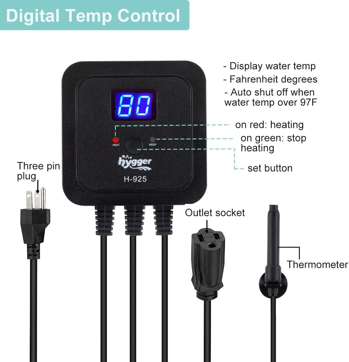 hygger Calentador de acuario de 200 vatios con controlador de temperatura digital LED, calentador de agua sumergible para acuarios de agua dulce y