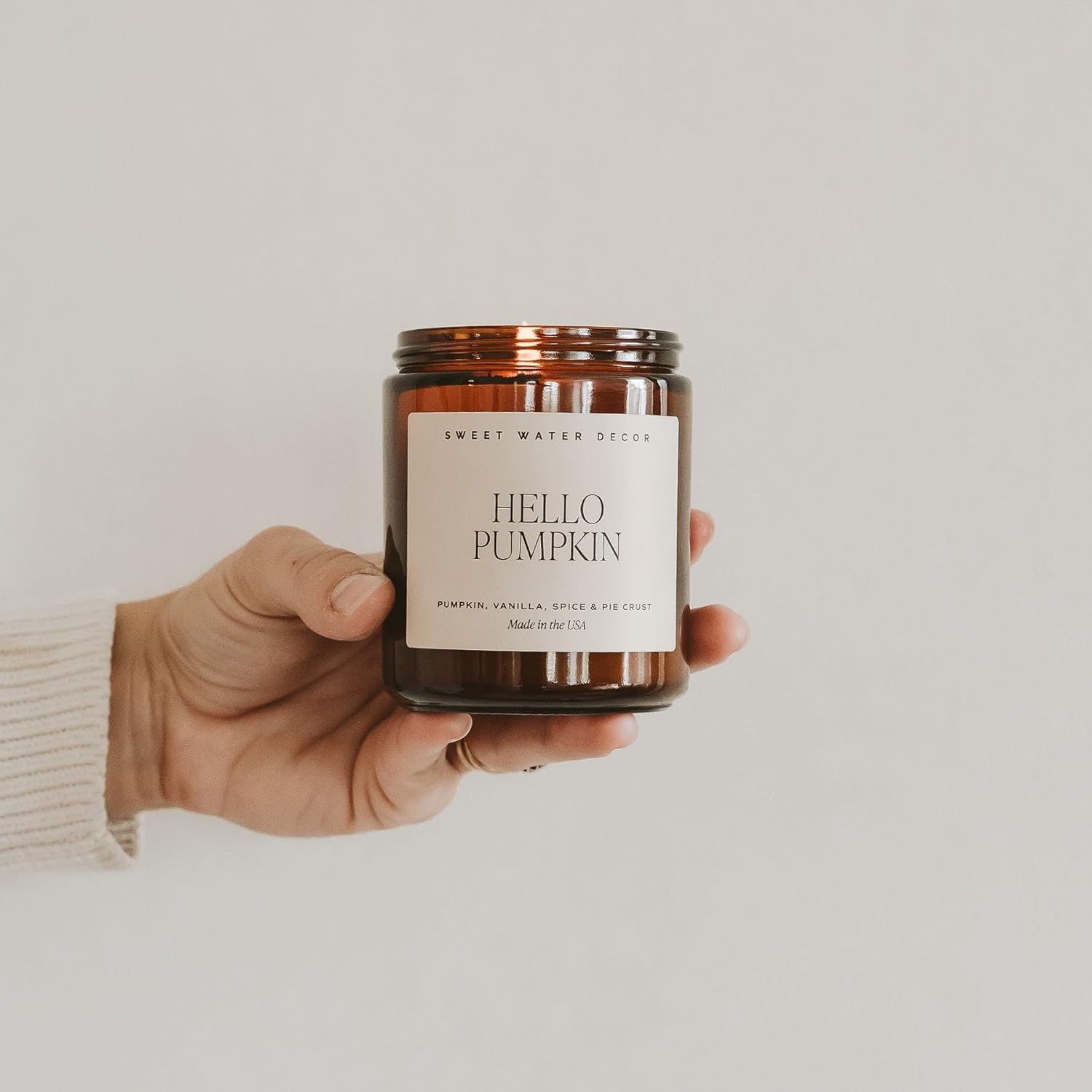 Sweet Water Decor Hello Pumpkin Soy Candle  Pumpkin, Warm Spices, Vanilla, and Whipped Cream Fall Scented Candles for Home  9oz Amber Jar with Black