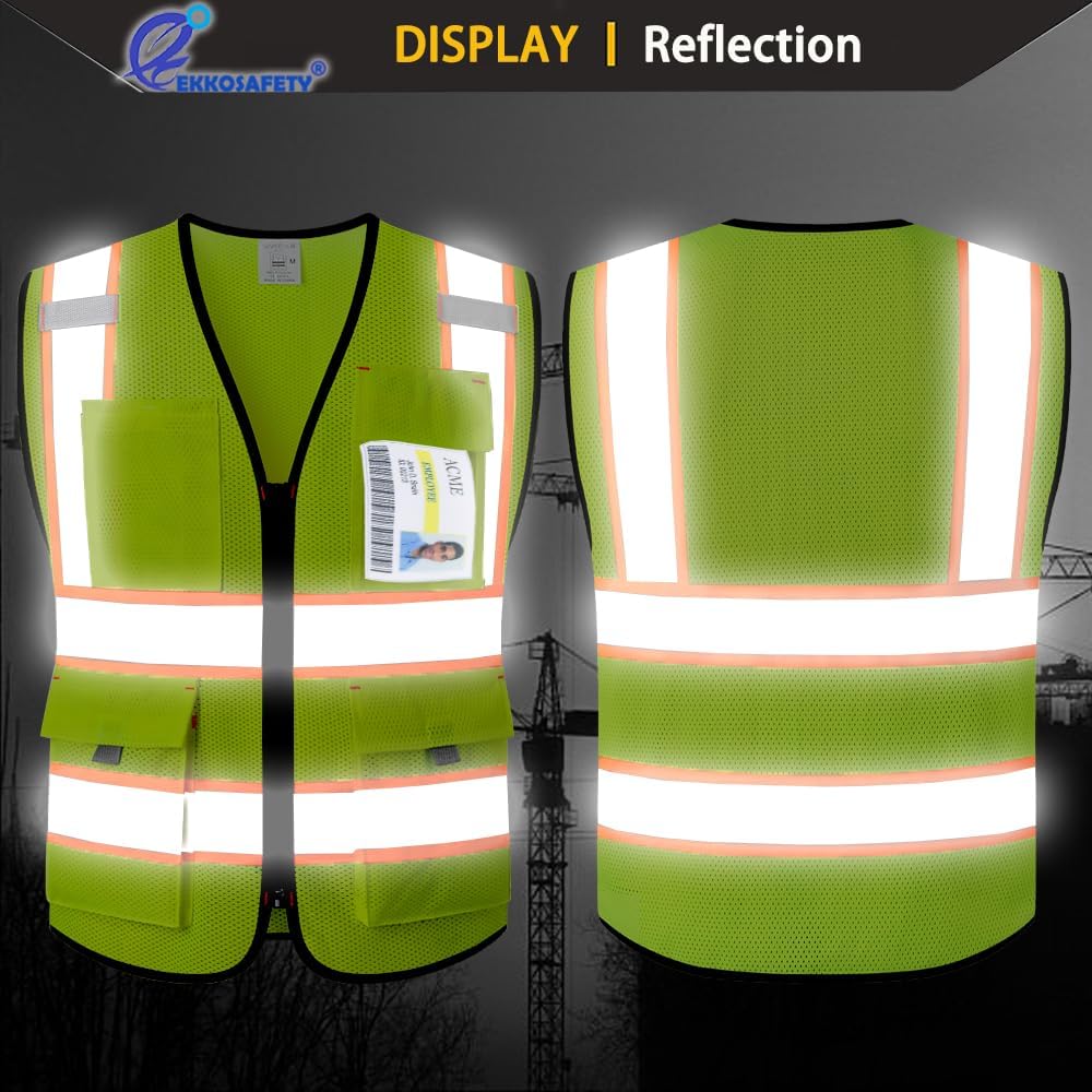 Chaleco de seguridad reflectante para hombres y mujeres con 9 bolsillos y cremallera frontal clase 2, chaleco de trabajo de malla de alta