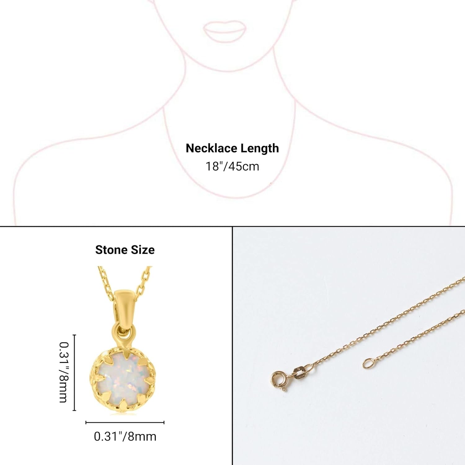 White Opal Pendant Necklace for Women in 14k Yellow Gold Plated on 925 Sterling Silver – October Birthstone 8mm Round Cut Gemstone – Vintage