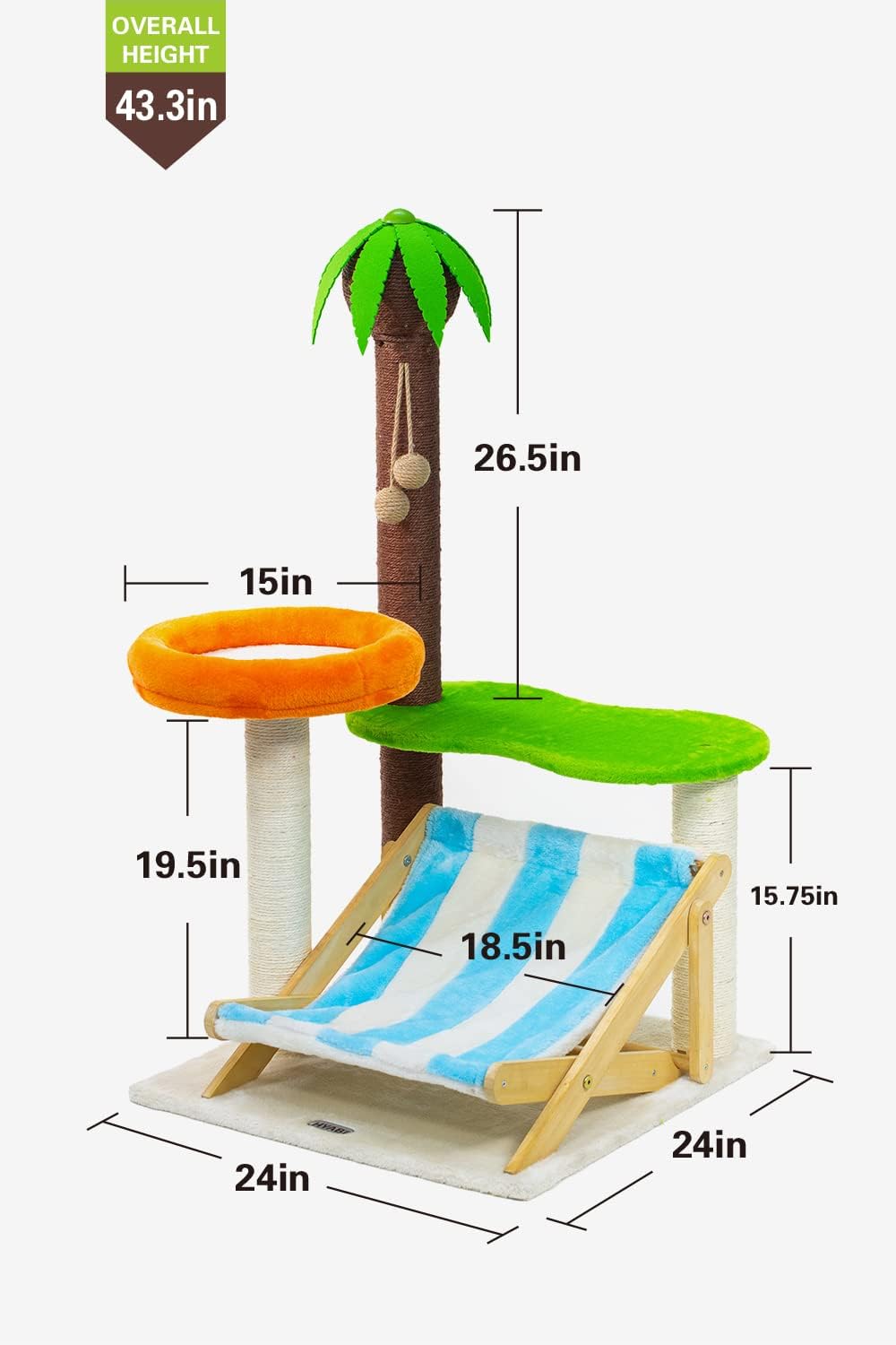 HYABi Silla de cubierta novedosa de árbol de coco de 43.3 pulgadas, torre de gato, muebles de condominio, apartamento de felpa con postes para