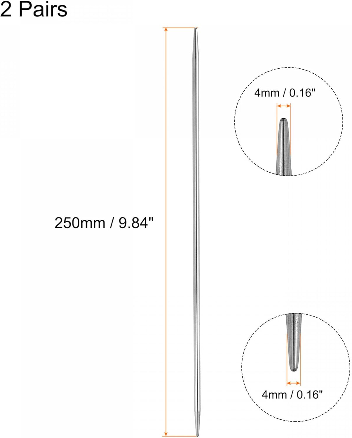 uxcell Juego de 2 pares de agujas de tejer, 0.157 in de diámetro, 9.84 pulgadas de largo, acero inoxidable, agujas de suéter de doble punta para