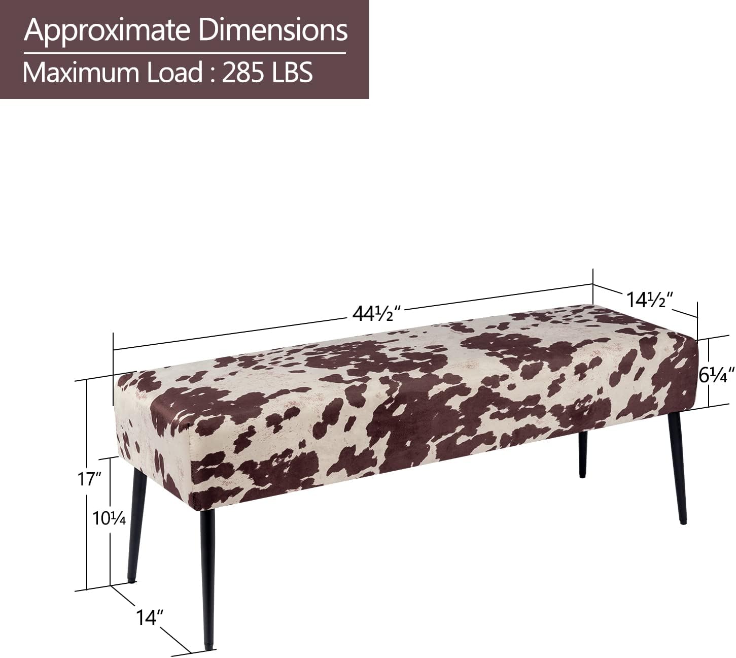 Duhome – Banco otomano de terciopelo, bancos tapizados para dormitorio, banco de cama con estampado de vaca, base de metal negro para entrada,