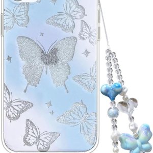 Abbery Funda diseñada para iPhone 11, con brillantina, bonita transparente, con diseño de mariposa con correa para la muñeca, brillante, morado y Abbery Funda diseñada para iPhone 11, con brillantina, bonita transparente, con diseño de mariposa con correa para la muñeca, brillante, morado y