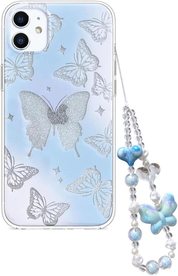 Abbery Funda diseñada para iPhone 11, con brillantina, bonita transparente, con diseño de mariposa con correa para la muñeca, brillante, morado y