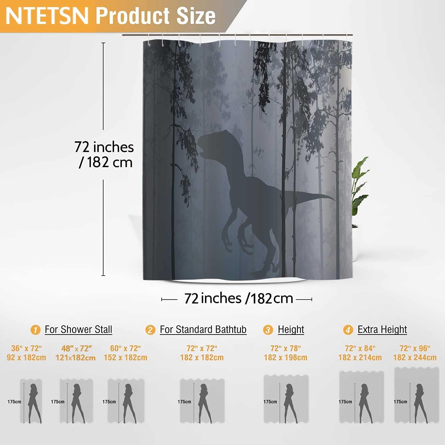 YLYYNT2694 – Cortina de ducha con diseño de animales, diseño de dinosaurio, silueta de dinosaurio, juego de baño con ganchos, cortinas decorativas
