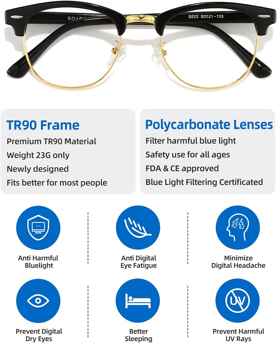 SOAR&EAGLE Paquete de 3 lentes de bloqueo de luz azul, lentes para juegos de computadora, lentes transparentes retro sin montura UV400 (oro