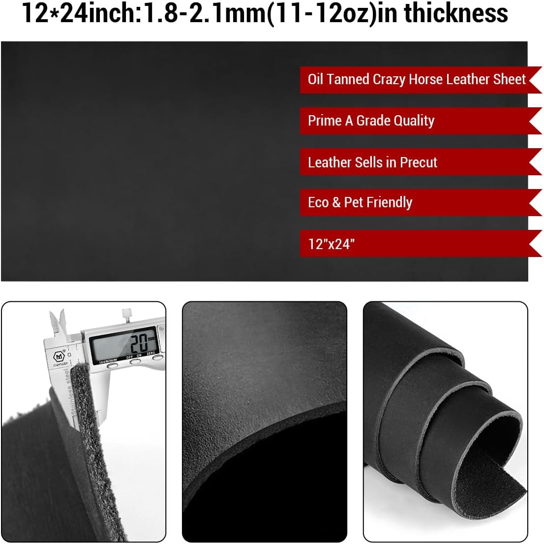 Hojas de cuero negro para manualidades, 12 x 24 pulgadas, material cuadrado de cuero de 0.071-0.083 in, piezas de cuero auténtico, rollo de cuero de