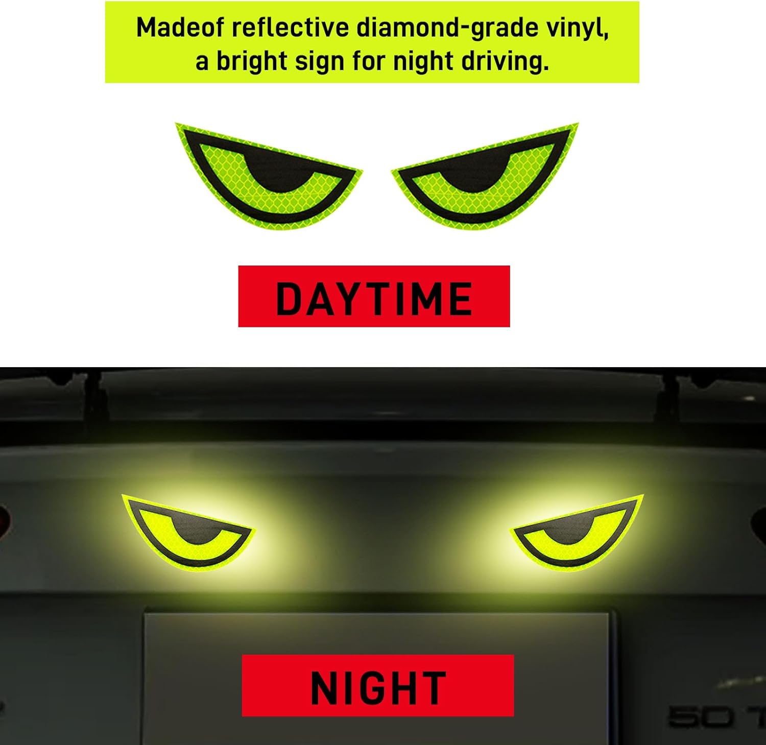 Thcbme Paquete de 2 calcomanías reflectantes para automóvil, diseño de ojo amarillo nocturno, seguridad nocturna, calcomanías de precaución para