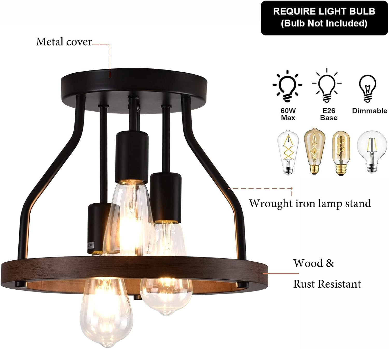 Lámpara de techo empotrada de 3 luces, marco de madera + pantalla de metal negro, lámpara de techo rústica para cocina, comedor, pasillo,