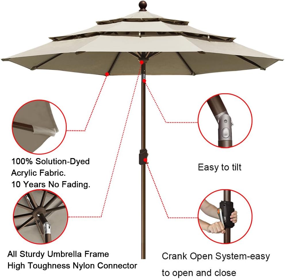 EliteShade Sunumbrella – Sombrilla de patio de 9 pies y 3 niveles, para mercado, exteriores, mesa, no se decolora, con ventilación, color beige