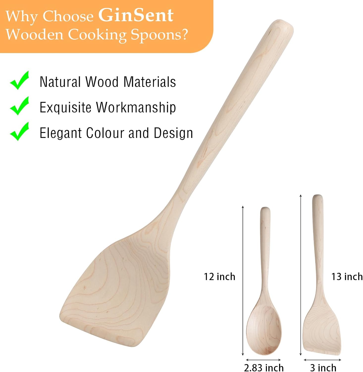 Cucharas de madera para cocinar, cucharas de madera cómodas de mango grueso de 12 pulgadas, utensilios de cocina de madera para agitar, raspar,