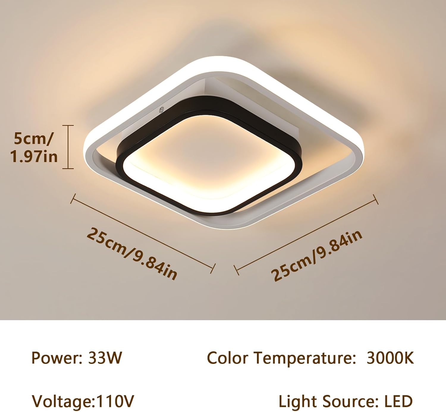 AUA Lámpara LED de techo empotrada, lámpara de techo moderna cuadrada de 33 W, 6500 K, luces de techo para pasillo cerca de la lámpara de techo para