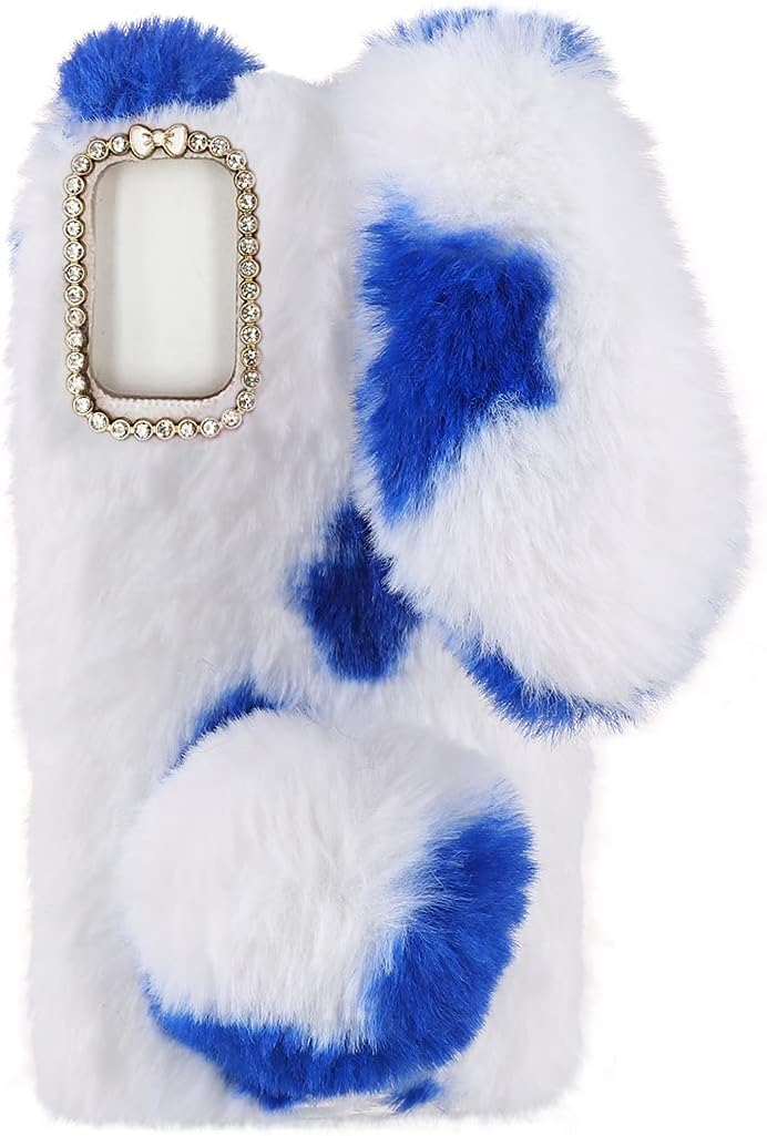 Mikikit Funda de felpa de piel esponjosa azul para A32 5G, lindo conejito manchado peludo femenino funda protectora mullida pelo de conejo, juguete