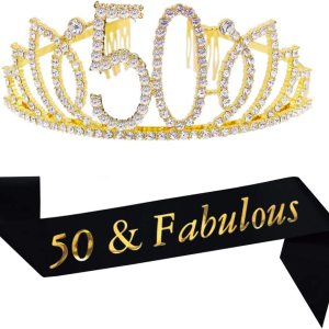 Kit de 50 cumpleaños con tiara dorada y banda de satén con purpurina y corona de tiara de diamantes de imitación de cristal para fiesta de Kit de 50 cumpleaños con tiara dorada y banda de satén con purpurina y corona de tiara de diamantes de imitación de cristal para fiesta de