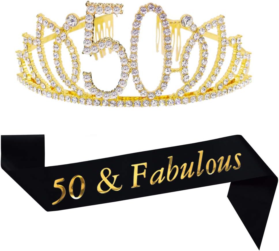 Kit de 50 cumpleaños con tiara dorada y banda de satén con purpurina y corona de tiara de diamantes de imitación de cristal para fiesta de