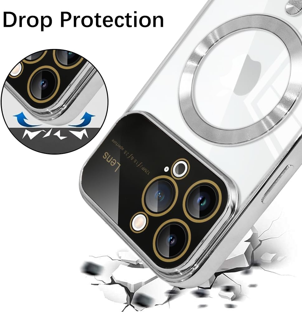 KANGHAR Funda magnética transparente para iPhone 14 Pro Max para mujeres y hombres con protector de lente, antiarañazos, chapado de lujo, compatible