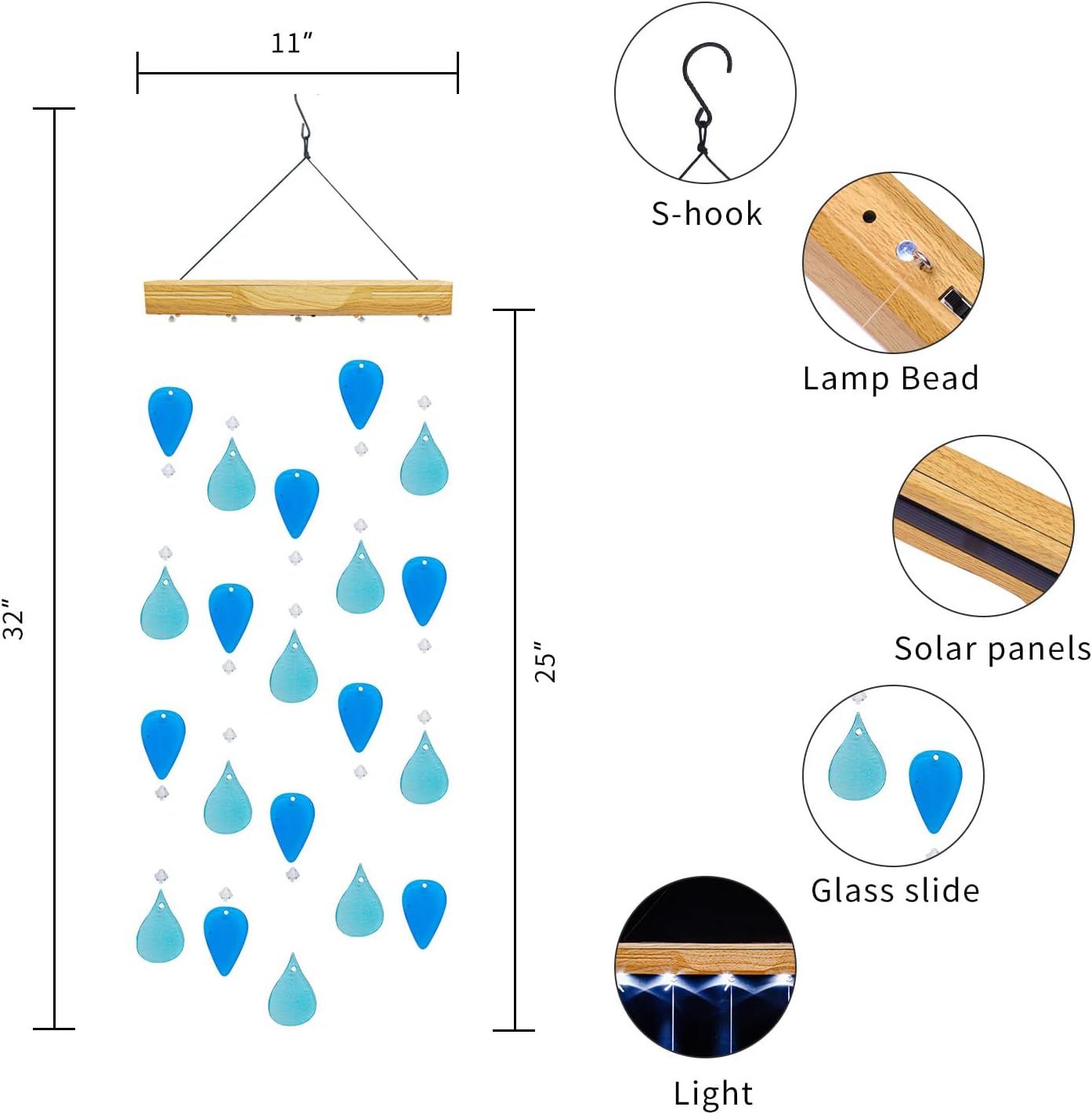 Topadorn Campanillas de viento decorativas con luz solar para el hogar, jardín y patio, decoración de campanillas de viento móviles de cristal azul