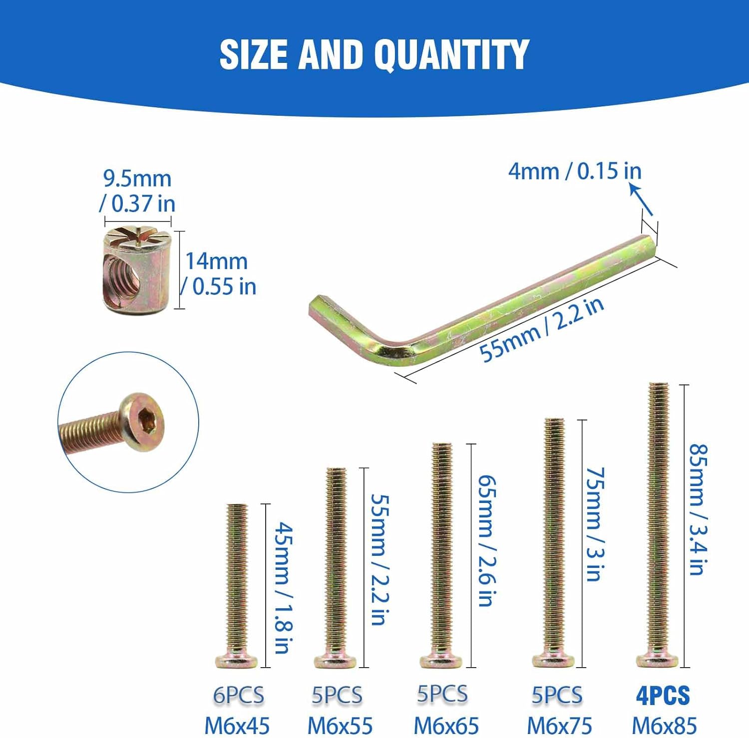 Juego de 25 tornillos para cuna de bebé, juego de 25 tornillos y tuercas de barril, M6x45mm2.165 in2.559 in2.953 in3.346 in3.346 in, Kit surtido de