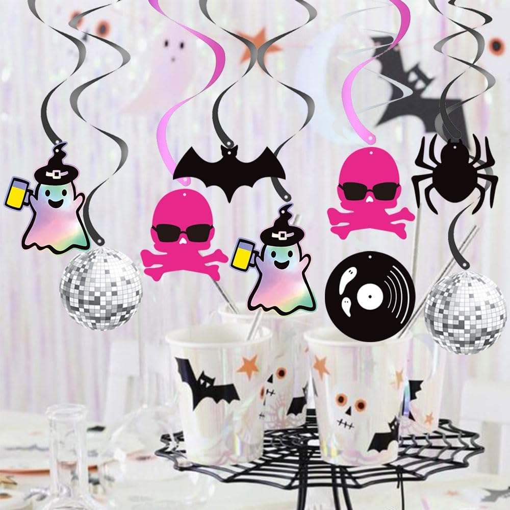 20 espirales colgantes de Halloween Death By Disco, Lets Go Ghouls, decoración colgante de despedida de soltera, calavera rosa intenso, serpentinas
