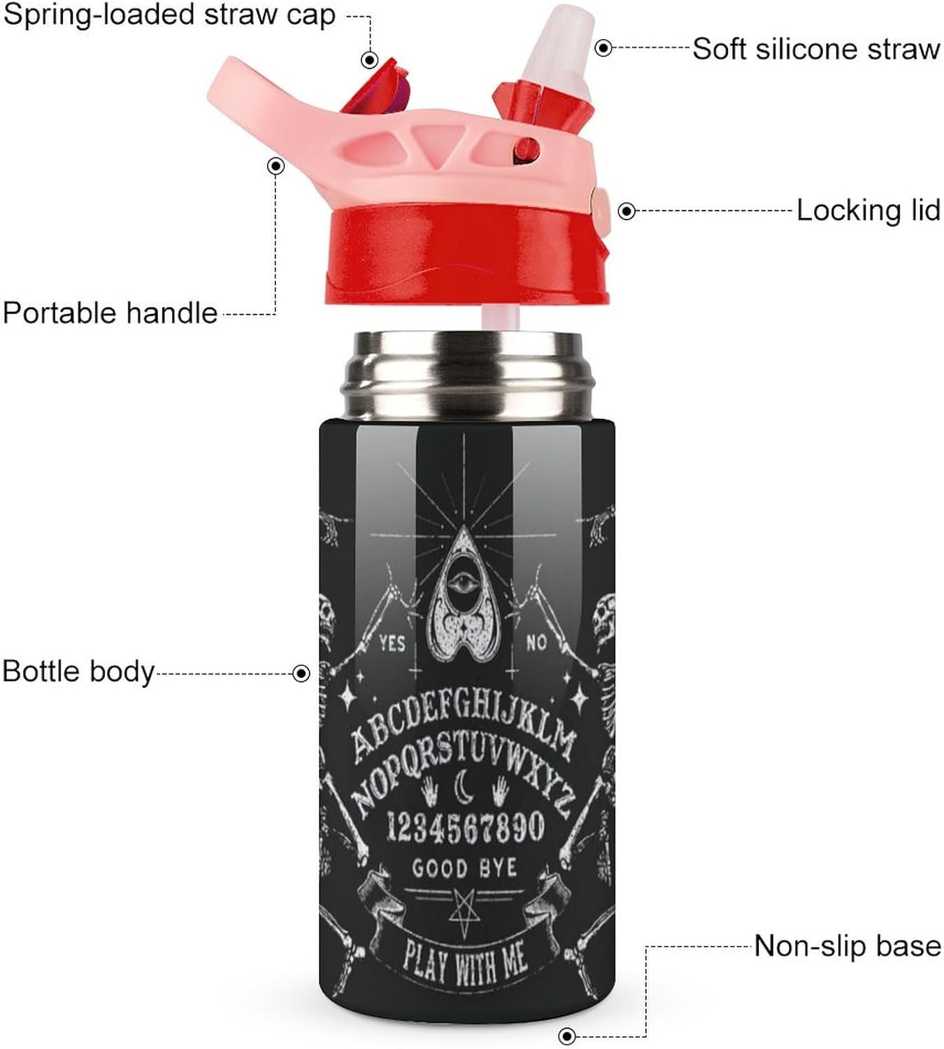 Botella de agua de viaje de acero inoxidable con diseño de bruja mágica de esqueleto gótico negro con pajilla, reutilizable, para hombres y mujeres